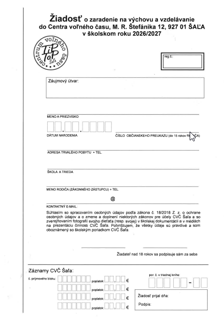 Žiadosť o zaradenie na výchovu a vzdelávanie 2026